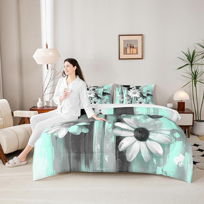 Feelyou Girls Daisy Flower Comforter Set with Sheets Queen Size 7 Pieces Kids Butterfly Floral Bedding Set for Boys Women Teens Teal Black Simple Modern Abstract Art Bed in a Bag Room Decor