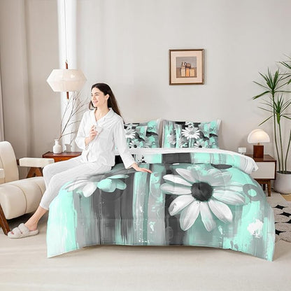 Feelyou Girls Daisy Flower Comforter Set with Sheets King Size 7 Pieces Kids Butterfly Floral Bedding Set for Boys Women Teens Teal Black Simple Modern Abstract Art Bed in a Bag Room Decor