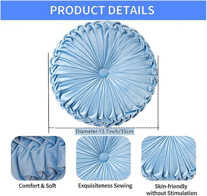 NatureMan 13.7 inch Round Sofa Cushion Pure Color Velvet Home Decor, Pleated Round Cushion, Pumpkin Pillow Suitable for Home Bed car Decoration (Light Blue)