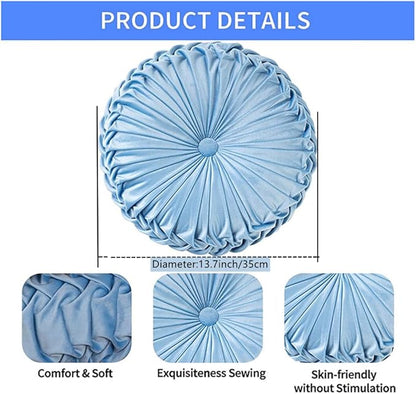 NatureMan 13.7 inch Round Sofa Cushion Pure Color Velvet Home Decor, Pleated Round Cushion, Pumpkin Pillow Suitable for Home Bed car Decoration (Light Blue)