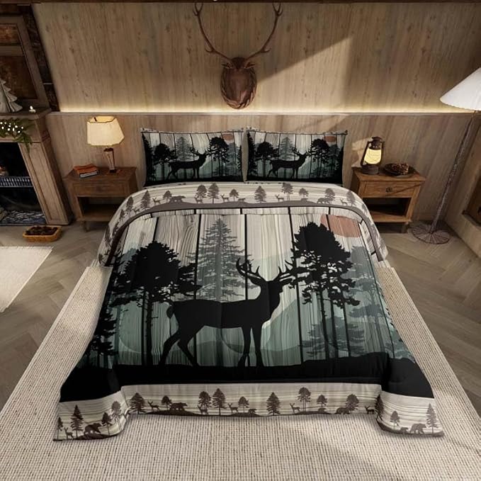 Feelyou Canbin Deer Comforter Set for Girls Boys Kids Deer Hunting Bedding Set Room Decor Rustic Farmhouse Bedding Set Wild Animal Brown Duvet Set Queen Size 3Pcs Quilt Set