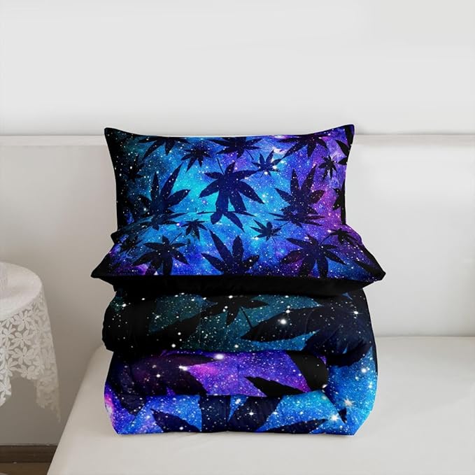 Erosebridal Leaves Comforter Set Teens Galaxy Bedding Set Queen for Women Men Youth Soft Chic Purple Blue Duvet Set Room Decor Quilt Set