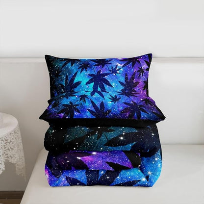 Erosebridal Leaves Comforter Set Teens Galaxy Bedding Set Queen for Women Men Youth Soft Chic Purple Blue Duvet Set Room Decor Quilt Set