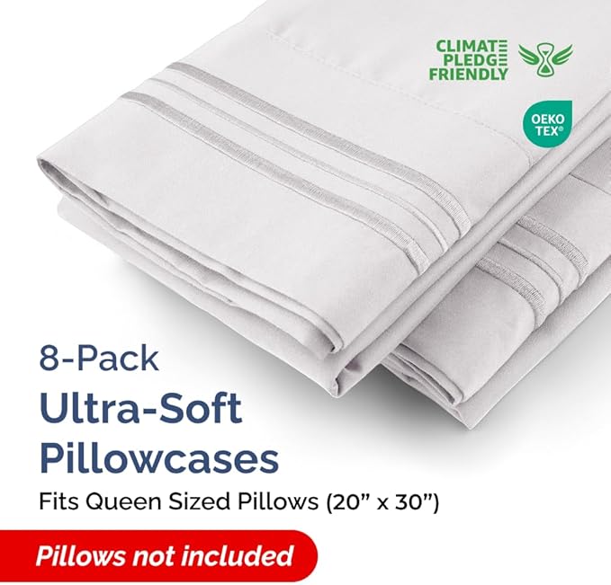 Queen Pillow Cases Set of 8 - Ultra Soft Hotel Quality Pillowcase Covers - Comfy, Cozy & Wrinkle Free - Shrink, Stain & Fade Resistant - Machine Washable Pillow Protectors - 8 Piece Set - French Grey