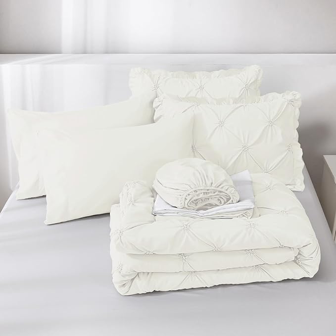 JOLLYVOGUE Ivory Queen Size Comforter Sets 7 Pieces, Pintuck Bed in a Bag Comforter Set for Bedroom, Bedding Comforter Sets with Comforter, Sheets, Ruffled Shams & Pillowcases