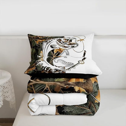 Erosebridal Camo Fishing King Bedding Set - Big Bass Pike Fish Comforter Set for Boys Kids Men | Rustic Cabin Farmhouse Quilt | Camouflage Hunting Bedroom Decor with 2 Pillowcases