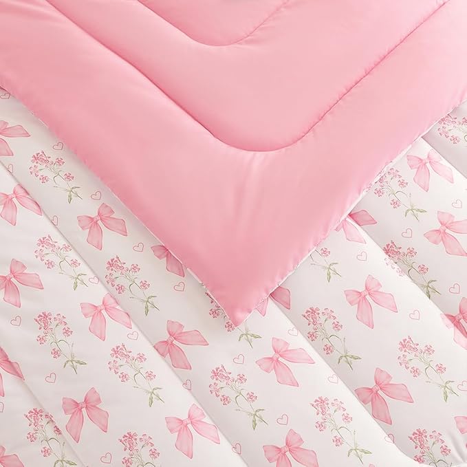 Pink Bow Comforter Set Queen 3Pcs Pink Floral Bedding Set for Girls Kids Romantic Princess Style Bowknot Bedding Ultra Soft Reversible Garden Flower Comforter Sets with 2 Pillowcases