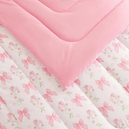 Pink Bow Comforter Set Queen 3Pcs Pink Floral Bedding Set for Girls Kids Romantic Princess Style Bowknot Bedding Ultra Soft Reversible Garden Flower Comforter Sets with 2 Pillowcases