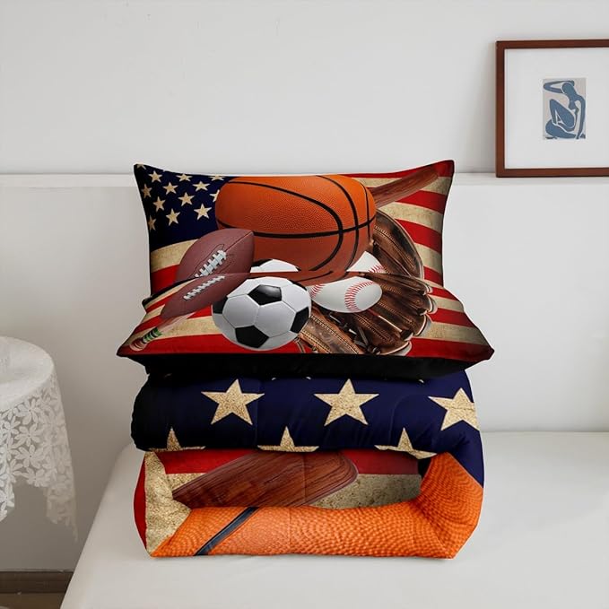 Feelyou Baseball Sports Comforter Set Toddler Size Football Comforter for Boys Girls Teens Ball Game Bedding Set Basketball Duvet Set Room Decor Red Brown Mixed Ball Quilt Set