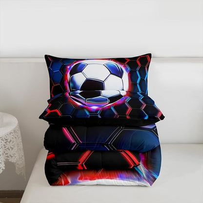 Football Kids Bedding Set Queen Size,Soccer Game Ball Sports Comforter Set，Geometric Honeycomb Hexagon Quilt Comforter,Black Red Bedroom Duvet Insert,2 Pillowcases
