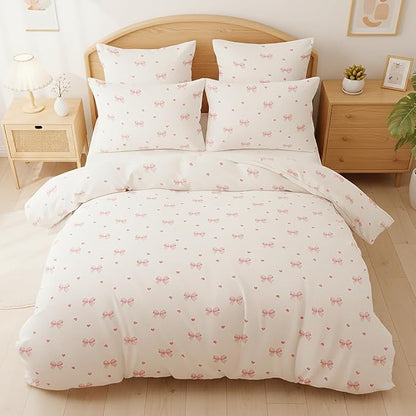 Nayoroom Pink Bow Comforter Set Queen Size Coquette Pink Heart Comforter 3 Pieces Soft Lightweight Kids Girls Cute Aesthetic Dorm Bedding Set for All Seasons