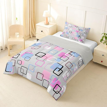Erosebridal Pink Blue Geometric Square Comforter Set Twin Modern Abstract Striped Bedding Set Pastel Plaid Grid Comforter for Kids Girls Boys Aesthetic Gingham Checkered Quilt Duvet
