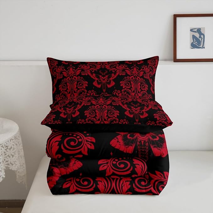 Feelyou Adults Red Vintage Damask Floral Comforter Set Oriental Antique Comforter Full Size Gothic Bohemia Boho Flower Bedding Set Gothic Skull Duvet Set Quilt Set 3Pcs