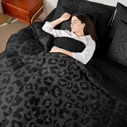 Erosebridal Black Ombre Grey Leopard Print King 7-Piece Comforter Set | Animal Skin Pattern Sheets and Pillowcases Women Men Adults Bed in A Bag Cheetah Fur Bed Sets