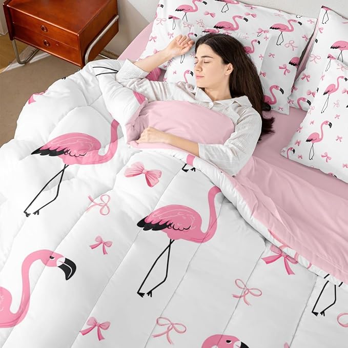 Erosebridal Bowknot Flamingo Girls Kawaii Black Pink King 7-Piece Comforter Set | Princess Sheets and Pillowcases Animal Aesthetic Y2K Bed in A Bag Cute Bow Bed Sets