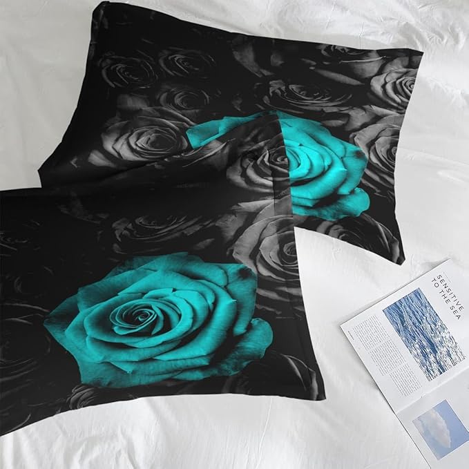 Comforter Set Queen Size, Cyan Rose Flower 7 Pcs Bedding for Kids and Adults, Summer Vintage Floral Bed Sheet Sets with Fitted Sheet 2 Pillowcases & 2 Shams for Bedroom Bed Decor