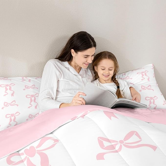 Erosebridal Bow Comforter Set Twin Size, Girls Pink Bow Bedding for Kids Women Bedroom Decor Cute Bowknot Comforter Kawaii Room Decor Duvet Set Dreamy Princess Bowtie Quilt