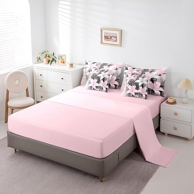 Feelyou Girls Lily Flower Comforter Set with Sheets King Size 7 Pieces Kids Butterfly Floral Bedding Set for Boys Women Teens Pink Black Simple Modern Abstract Art Bed in a Bag Room Decor