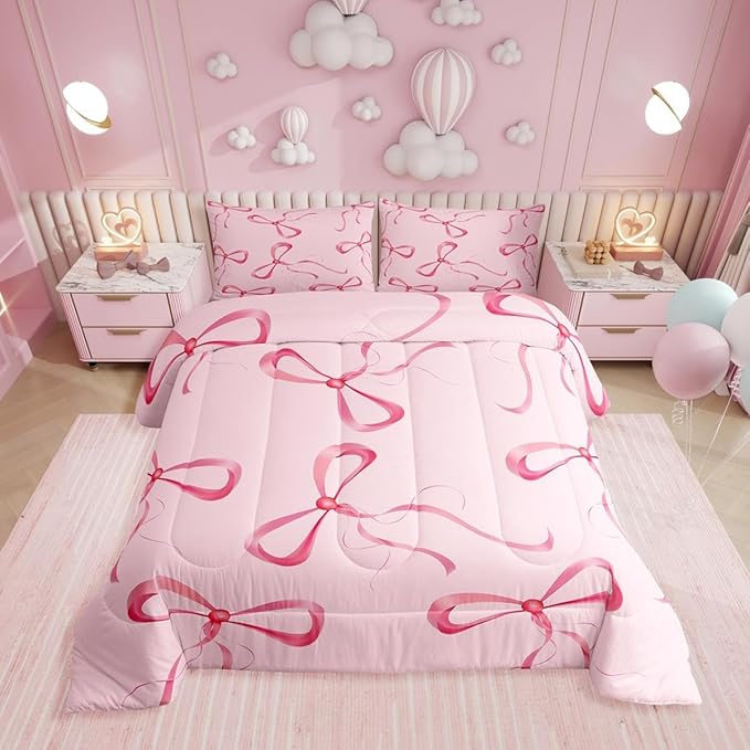 Erosebridal Pink Bow Bedding Set King Cute Kawaii Bow Comforter Set for Girls Kids Teen Women,Dreamy Princess Bowknot Comforter Girly Coquette Ribbon Butterfly Knot Quilt with 2 Pillow Cases