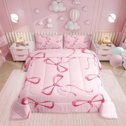 Erosebridal Pink Bow Bedding Set Queen Cute Kawaii Bow Comforter Set for Girls Kids Teen Women,Dreamy Princess Bowknot Comforter Girly Coquette Ribbon Butterfly Knot Quilt with 2 Pillow Cases