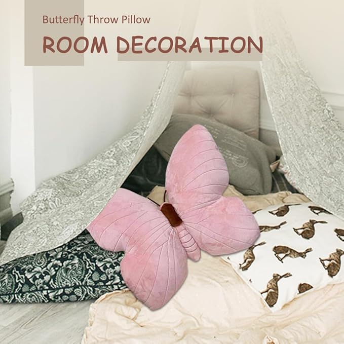 Butterfly Shaped Throw Pillow - Soft Stuffed Seat Cushion Pad, Pink Plush Velvet Decorative Animal Pillow for Couch, Living Room, Bed