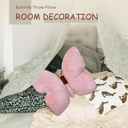 Butterfly Shaped Throw Pillow - Soft Stuffed Seat Cushion Pad, Pink Plush Velvet Decorative Animal Pillow for Couch, Living Room, Bed