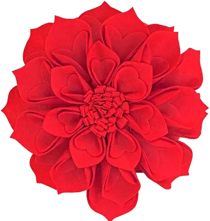 Fennco Styles Handmade 3D Heart-Shaped Petals Flower Decorative Filled Throw Pillow 13" Round - Red Floral Pillow for Couch, Home Décor and Holiday, Housewarming Gift