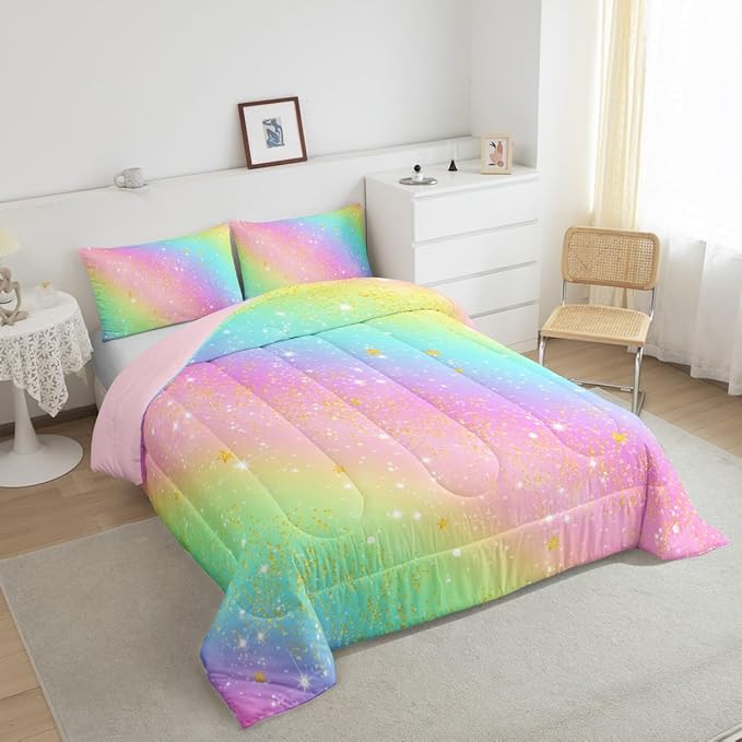 Feelyou Pink Rainbow Comforter Set Toddler Size Glitter Galaxy Bedding Set for Kids Boys Girls Colorful Duvet Quilt Lovely Kids Rainbows Bedroom Decor Multicolor Microfiber 2 Pcs with 1 Pillow Cases