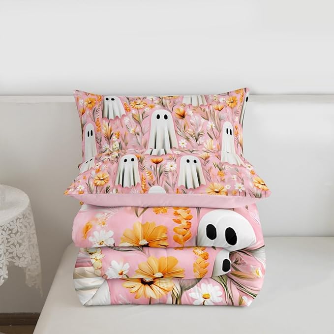 Erosebridal Girls Halloween Ghost Comforter Set Toddler, Bohemian Halloween Decor Bedding Set for Kids Teens Women Bedroom Decor, Boho Floral Comforter, Blossom Flowers Quilt 2 Piece