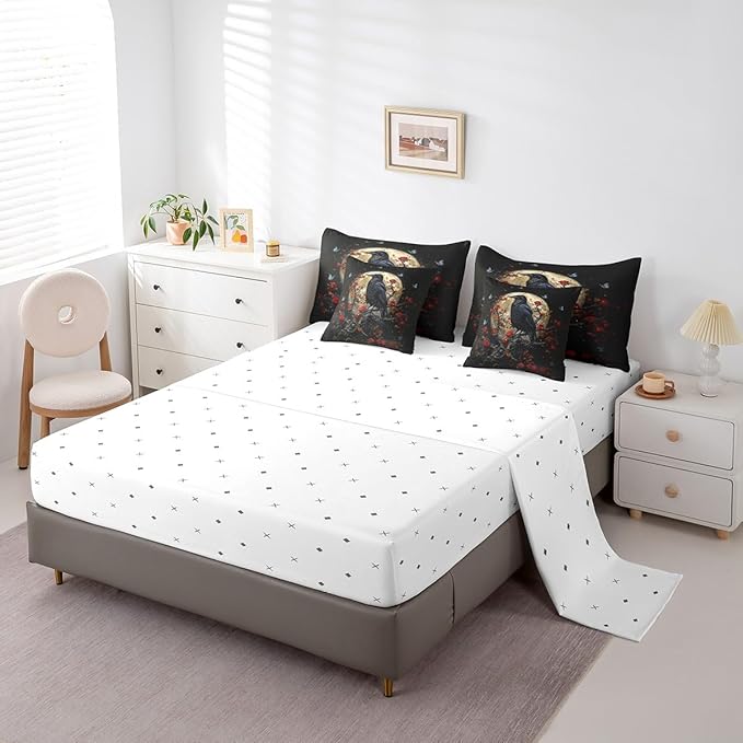 Erosebridal Gothic Red Rose Twin Comforter Set with Sheets,Butterfly Flowers 7 Piece Bedding Set Crow Halloween Decorations for Bedroom,Goth Moon and Floral Bed in a Bag with Pillowcases & Shams