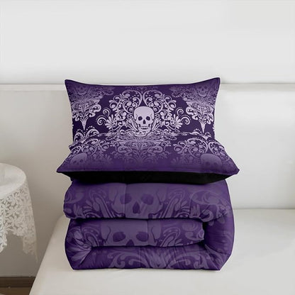 Feelyou Adults Gothic Skull Bedding Set Twin Size Kids Damask Print Comforter Goth Bohemian Duvet Breathable Soft Lightweight Microfiber Purple Room Decor with 1 Pillowcase