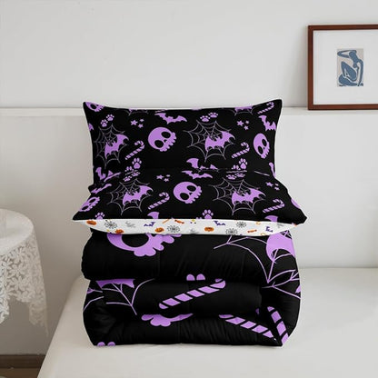 Erosebridal Cute Purple Halloween King Bedding Set Spider Web Skull Bat Comforter Set Spooky Goth Gothic Animal Bed Collections Horror Halloween Duvet Quilt Sets for Kids Teens Adults