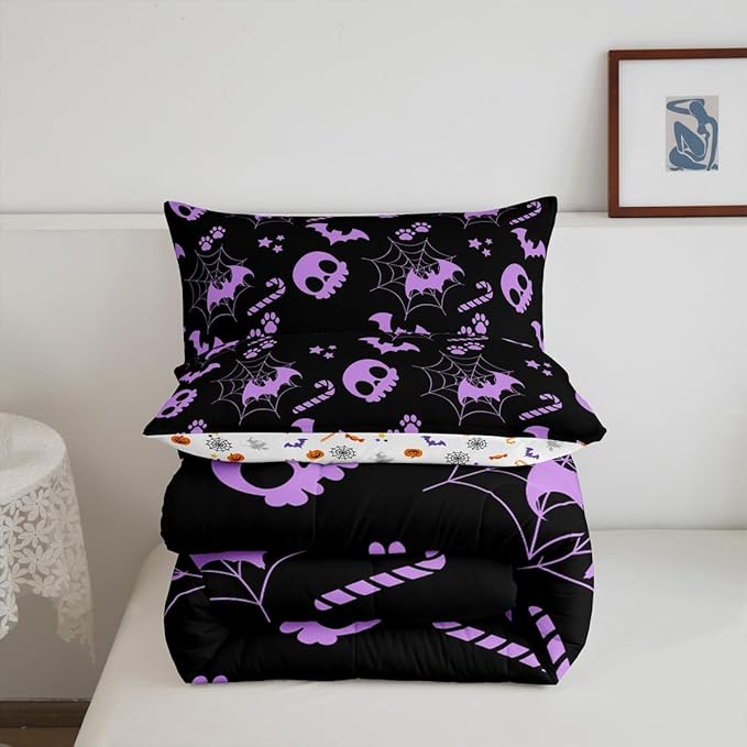Erosebridal Cute Purple Halloween Twin Bedding Sets Spider Web Skull Bat Comforter Set Spooky Goth Gothic Animal Quilt Duvet Set Horror Halloween Bedding Collections for Kids Teens Adults