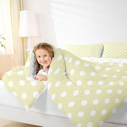 Manfei Polka Dots Comforter Set,Abstract Geometric Circles Simple Art Bedding Set for Kids Teens Bedroom,Cartoon French Style Dots Yellow Green White Quilt Set 2 Pcs with 1 Pillowcase,Twin