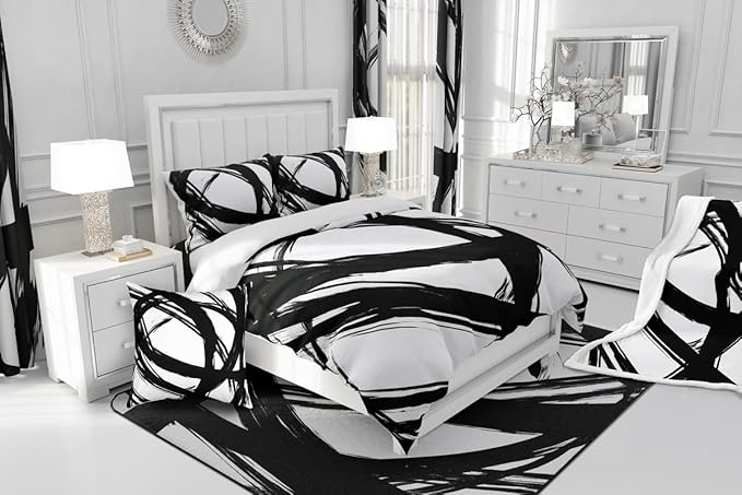 Black and White Striped Bedding Set Full Size for Adults Youth Teens,Contemporary Boho Modern Art Comforter Set,Graffiti Stripes Lines Quilt,Aesthetic Geometric Duvet Insert for Minimalists