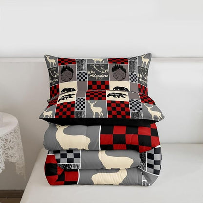 Rustic Cabin Bear Deer Bedding Set, Retro Wooden Barn Door Comforter Set Wild Animals Adventure Camping Patchwork Quilt Vintage Farm Country Bedding Comforter Sets Lodge Decor For The Home, Twin