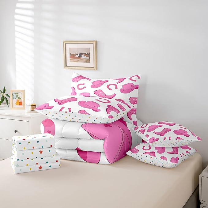 Feelyou Pink Western Cowgirl Comforter Set with Sheets King Size Kids West Cowboy 7 Pieces Bedding Set for Boys Girls Teens Rodeo Horseshoe Hat Bed in a Bag Grunge Design Bed Set