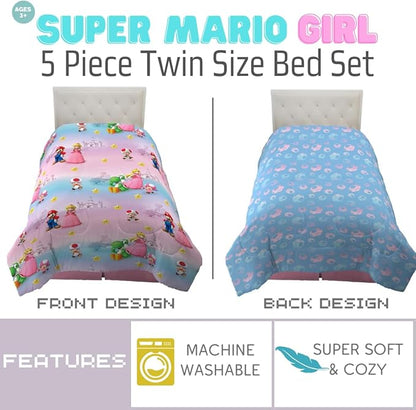 Super Mario Girl Princess Peach Girl Gamer Kids Bedding Super Soft & Cozy Reversible Microfiber Comforter and Sheet Set with Sham, 5 Piece Twin Size, (Officially Licensed Product) by Franco