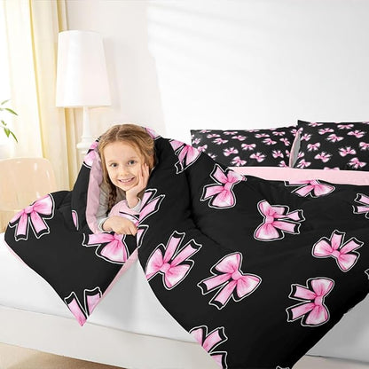 Erosebridal Coquette Bow Bedding Set Queen for Girls Pink Bowknot Comforter Set for Kids Teen Girls Women Bedroom Black Pink Comforter Princess Trendy Aesthetic Bows Quilt Duvet