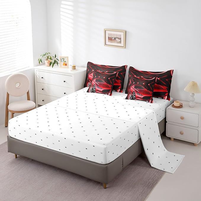 Erosebridal Red Racing Car 7 Piece Comforter Set,Sports Car Theme Bed in a Bag with Flat Sheet and Fitted Sheet,Extreme Sport Down Comforter,Speed Automobile Bedding Set with Pillowcase & Sham,Twin