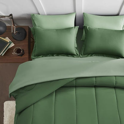 Maple&Stone Full Size Comforter Set 7 Pieces Bed in a Bag - Down Alternative Bed Set with Sheets, Pillowcases & Shams, Soft Reversible Duvet Insert, Olive Green
