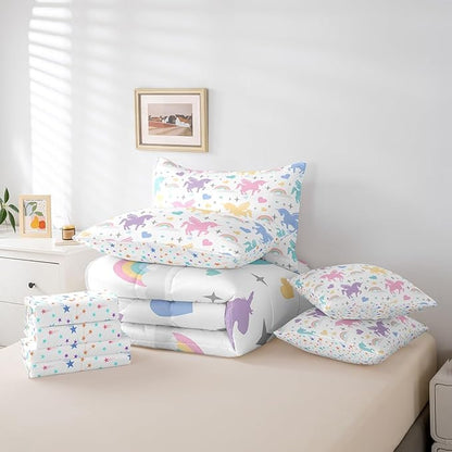 7 Pieces Kids Teens Rainbow Unicorn Comforter Set Full Size Cute Unicorn Bedding Set with Comforter,Sheet Set,Pillowcase and Sham Fairy Tale Bed Set Colorful Animals Bedding for Room Decorative