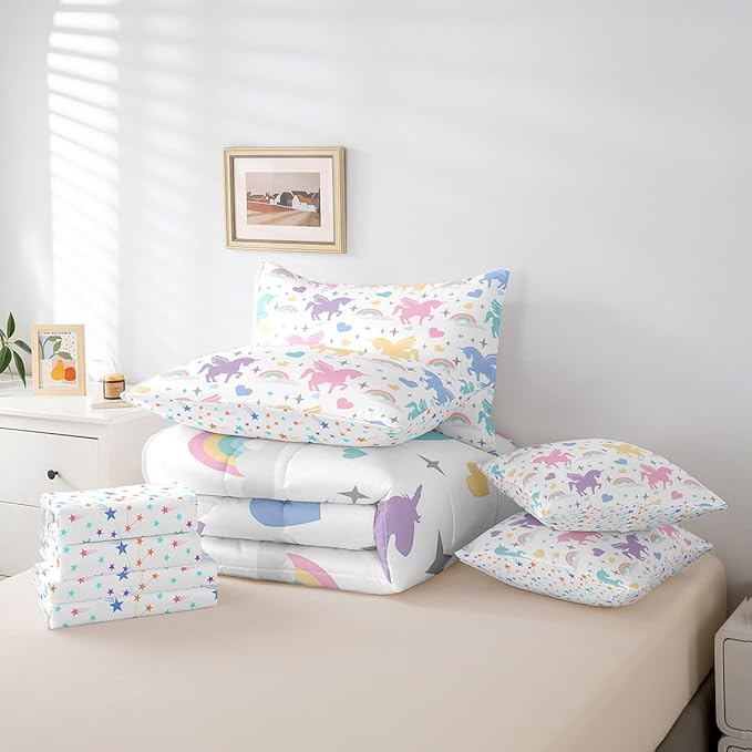 Rainbow Unicorn 7 Pieces Bedding Set Cute Unicorn Comforter Set for Boys Girls Fairy Tale Bed Set Room Decor Twin Size Colorful Animals Soft Warm Microfiber Bedding