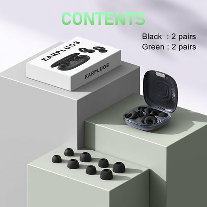 Reusable Ear Plugs for Sleep, Concerts & Noise Reduction – Comfortable Silicone Noise Cancelling Earplugs, Washable Hearing Protection – 4 Pairs, Black + Green