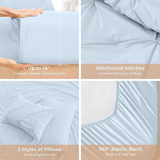Sasttie Twin Comforter Set, 5-Piece Bed in a Bag, Pintuck Bedding Sets for All Season, Includes Comforter, Flat Sheet, Fitted Sheet, Pillowcase and Pillowsham, Light Blue