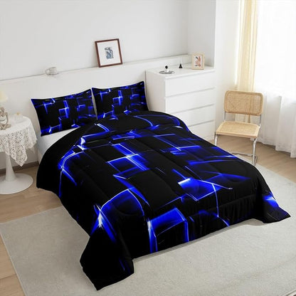 Erosebridal Abstract Comforter Set, Modern Geometric Grid Square King Bedding Sets, Blue Black Honeycomb Duvet Insert Soft Microfiber Polyester Bed Set for Kids Boys Bedroom