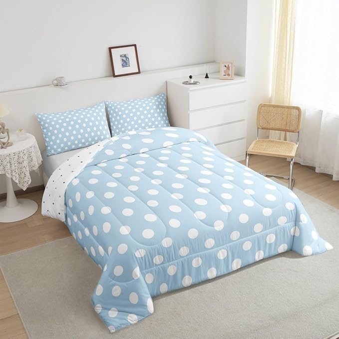 Manfei Polka Dots Teens Comforter Set,French Style Dots Cartoon Blue White Bedding Set All Season,Modern Geometric Circles Abstract Simple Art Comforter 3 Pcs with 2 Pillowcases,Queen Size
