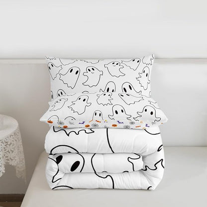 Erosebridal Cartoon Ghost King Size Comforter Set, Halloween Ghost Bedding Set for Kids Boys Girls Teens Women Men Bedroom, Funny Halloween Decor Comforter, Cute White Spooky Quilt