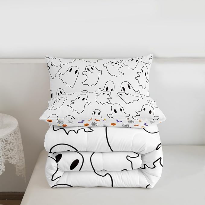 Erosebridal Cartoon Ghost Comforter Set Full, Halloween Ghost Bedding Set for Kids Boys Girls Teens Women Men Bedroom, Funny Halloween Decor Comforter, Cute White Spooky Quilt