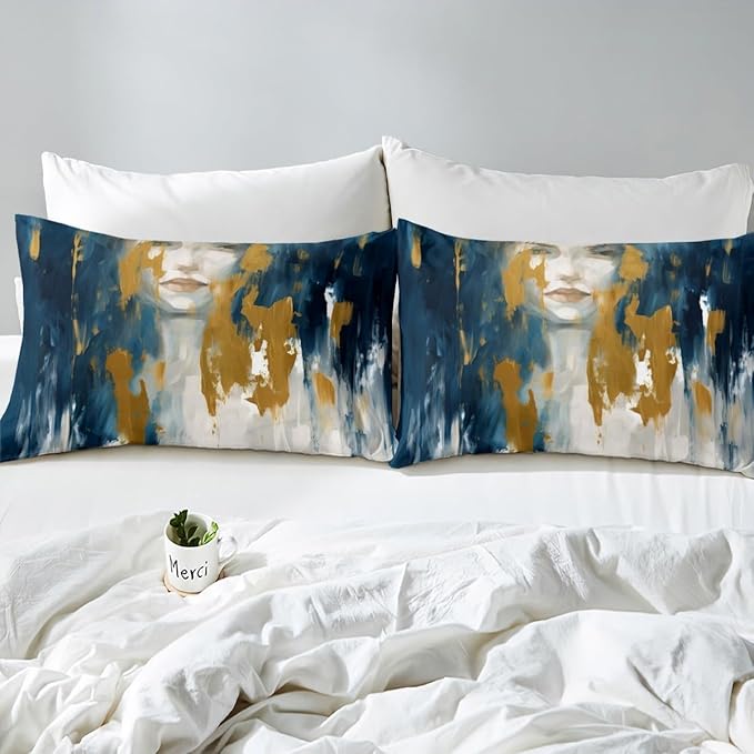 Erosebridal Aesthetic Ombre Comforter Full Abstract Girl Bedding Set, Navy Blue Yellow White Down Comforter Mid Century Oil Painting Bed Set, Watercolor Gradient Quilted Duvet Luxury